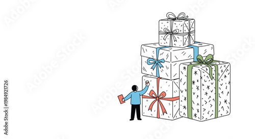 Tiny person stands next to a massive stack of giant gift boxes representing excessive consumerism or grand celebrations.