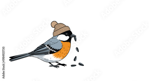 Adorable small bird wearing a brown knitted winter hat is shown eating sunflower seeds on a plain white background.