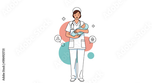 Caring nurse in a medical uniform holding a swaddled newborn baby in a professional maternity healthcare setting.