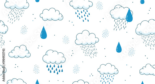 Cheerful seamless pattern of white fluffy clouds and blue raindrops on a clean background for weather related designs.