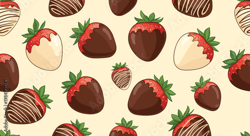 Delicious seamless pattern of strawberries dipped in dark and white chocolate for dessert and sweet treat food themes.