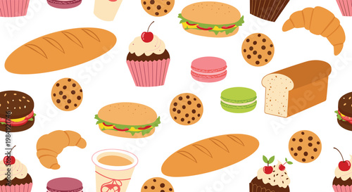 Delicious seamless pattern featuring an assortment of bread pastries cupcakes and macarons for bakery and food themes.