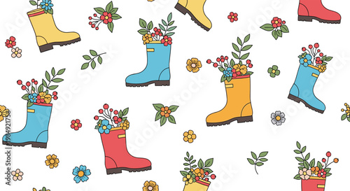 Charming seamless pattern of colorful rain boots used as vases for flowers on a white background for spring themes.