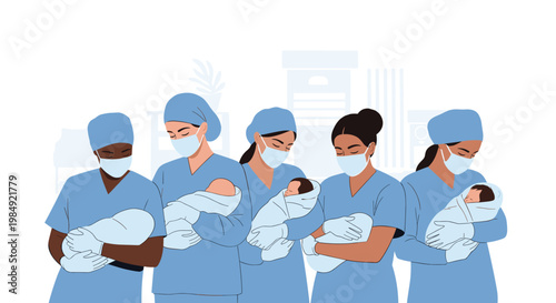 Group of five diverse nurses wearing face masks and scrubs while holding newborn babies in a neonatal care setting.