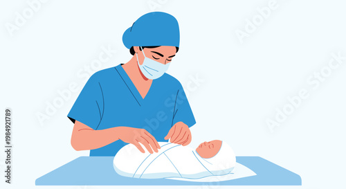 Medical nurse wearing a face mask and cap carefully swaddling a newborn baby on a treatment table in a hospital.