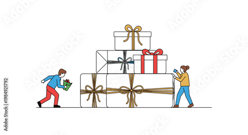 Team of people working together to build a massive stack of giant gift boxes symbolizing cooperation and celebration.