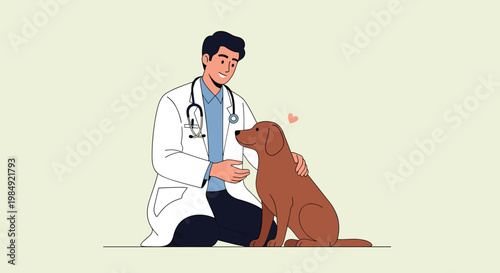 Friendly male veterinarian in a white coat kneels to pet a happy brown dog during a checkup at a veterinary clinic.