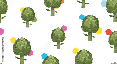 Seamless pattern featuring green artichoke plants with colorful geometric shapes scattered on a white background.