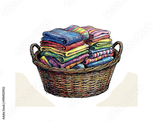 Colorful folded laundry neatly stacked in a woven basket, ready for storage