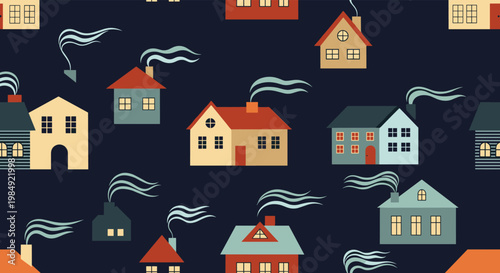 Seamless nighttime pattern of cozy colorful houses with smoke rising from their chimneys against a dark navy blue background for winter.