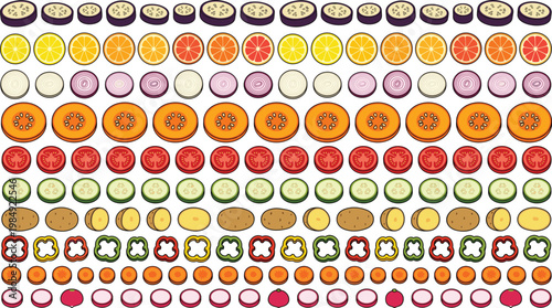 Vegetable Slice Pattern Set with Tomato, Cucumber, Onion, Carrot, Potato, Pepper, and Eggplant for Seamless Food Backgrounds, Organic Design, and Healthy Nutrition Concepts