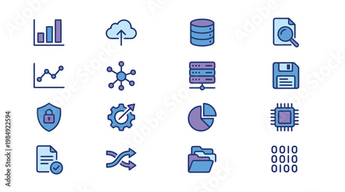 Blue technology icons collection representing data analytics.