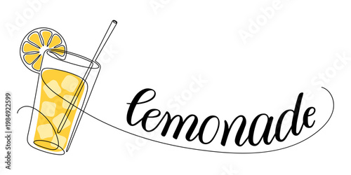 Glass of lemonade, or cocktail with lemon. Continuous line drawing with word.