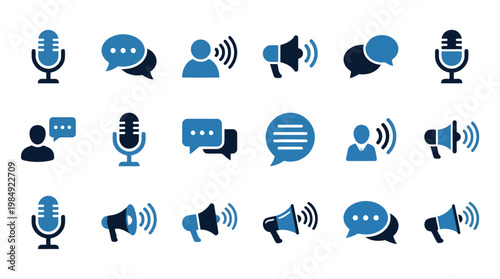 Collection of Communication Icons Featuring Microphones And Bubbles.