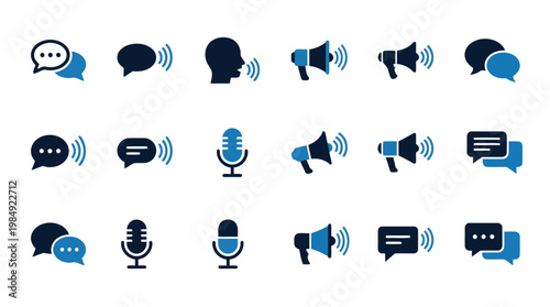 Communication icons featuring speech bubbles and microphones.