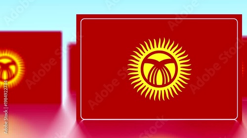 national flag of Kyrgyzstan, with yellow sun symbol and three suns on light blue and pink background  national emblem of Kyrgyzstan