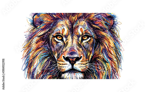 Vibrant lion portrait with colorful scribbled mane and intense gaze