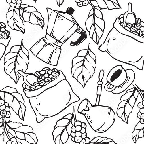Seamless pattern with coffee plant branches and roasted coffee beans. Vector illustration in doodle style