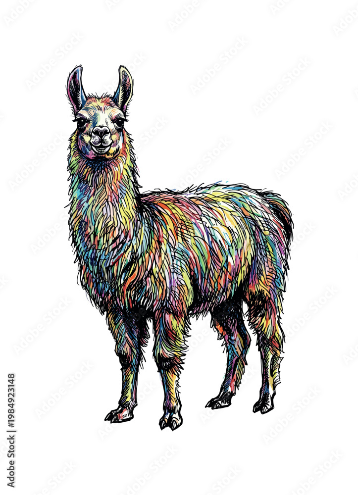 Fototapeta premium Colorful llama illustration with vibrant rainbow-colored fur on a white background