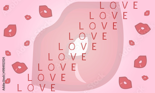 The word love and air kisses, in red tones, on a light red background.
