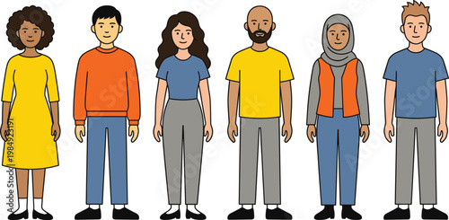 Diverse Group of People in Casual Clothing Including Woman in Hijab, Flat Vector Illustration Isolated on White