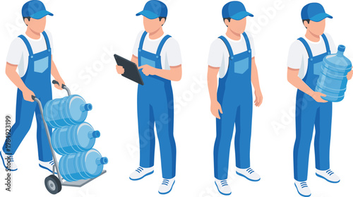 Water Delivery Service Courier Set with Gallon Bottles, Hand Truck, and Tablet, Flat Vector Illustration
