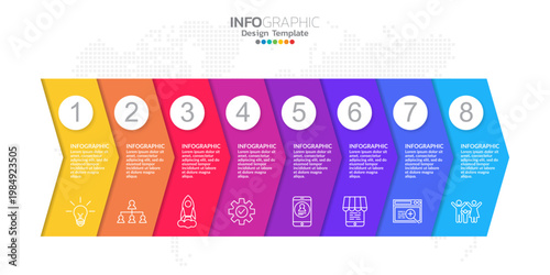 A colorful infographic design template with eight sections and various icons