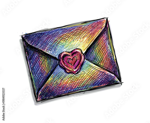 Hand-drawn rainbow envelope sealed with a heart-shaped wax stamp