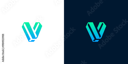 Modern abstract letter V logo with gradient effect on white and dark background, clean and professional design concept