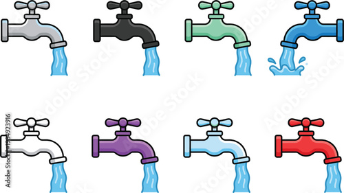 Set of four colourful water taps dripping blue water, cartoon plumbing faucet icons for design,