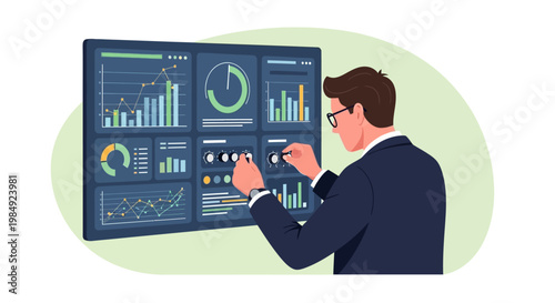 Businessman analyzing data on screen.