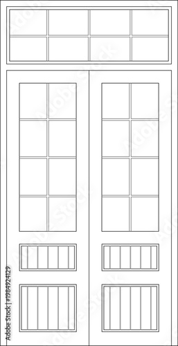 Technical architectural elevation of double doors featuring glass panes, upper transom windows, and lower louvered vent panels in blueprint style.