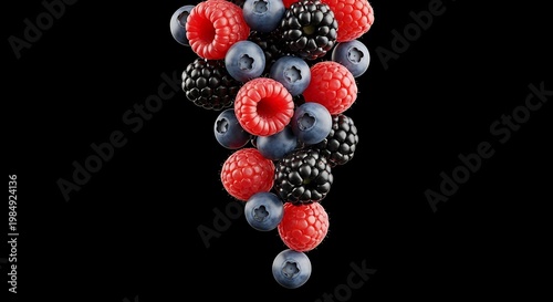 Cascade of vibrant mixed berries against a stark black background, showcasing freshness
