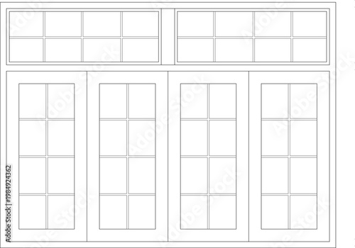 Technical architectural elevation of four tall French doors with glass panes and two transom windows above in a grid pattern.