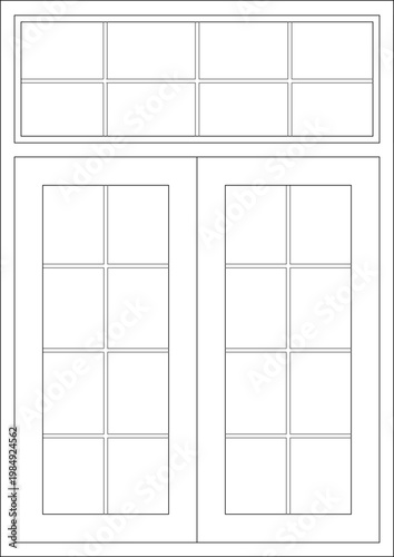 Technical line drawing of double doors with glass panes and a transom window above, shown in elevation view for architectural plans.