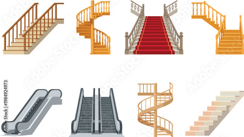 Vector Set of Various Staircases, Spiral Wooden Stairs, Grand Red Carpet Entry, and Modern Escalators