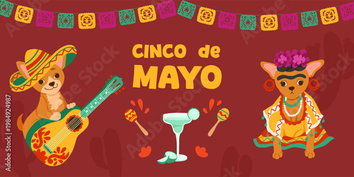 Cinco de Mayo party banner with chihuahua in sombrero playing guitar, dog in traditional dress, papel picado garlands, text. Mexican fiesta horizontal template for invitations, posters, event design