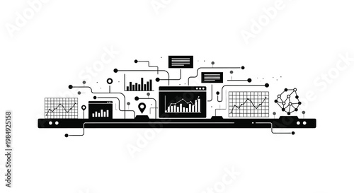A minimalist black design showcasing data analytics network connections and digital interfaces in a striking silhouette high quality professional detailed modern