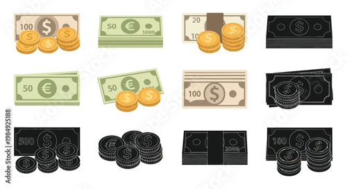 An assortment of currency depictions including coins and bills presented in varying styles and colors silhouette high quality professional detailed modern