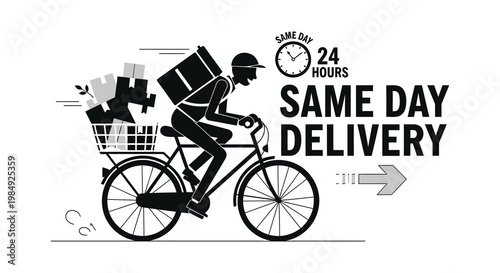 A delivery person on a bicycle carries packages illustrating same day service presented in a striking silhouette high quality professional detailed