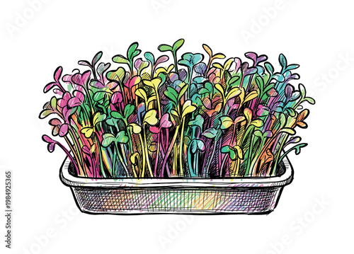 Vibrant microgreens in a tray, a colorful illustration of healthy sprouts