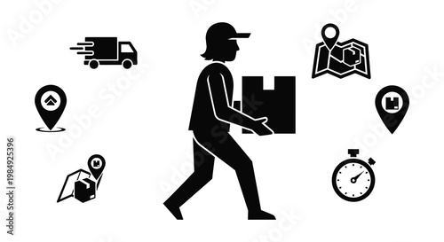 A delivery worker carrying a package surrounded by logistics icons presented in a striking silhouette high quality professional detailed modern elegant