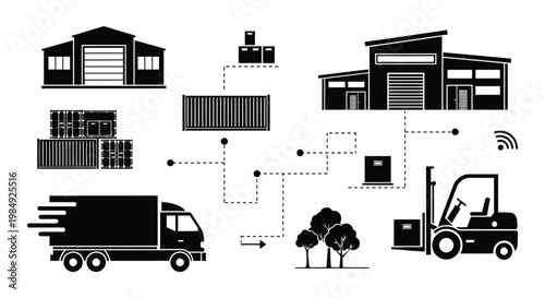 A graphic depiction of logistics and supply chain management featuring buildings trucks and a forklift silhouette high quality professional detailed modern