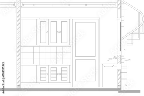 Technical architectural elevation showing built-in cabinetry with louvered doors, a grid section, a tall door, a wall-mounted sink, and a spiral staircase structure on the right.