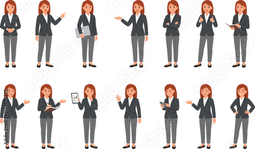 Vector Set of Businesswoman Character Poses, Professional Office Woman in Suit Flat Illustration for Corporate Presentation