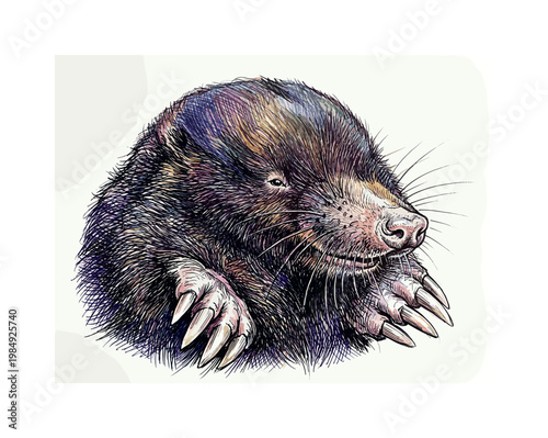 Detailed illustration of a mole with colorful fur and sharp claws on a white background