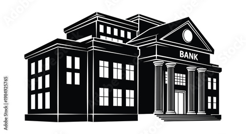 A striking black and white illustration of a classic bank building with prominent columns rendered as a silhouette high quality professional