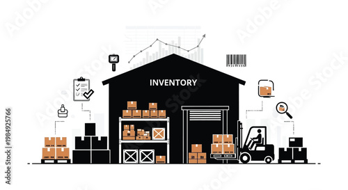A modern illustration depicts a warehouse with inventory management icons and a forklift presented as a striking silhouette high quality professional