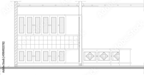 Technical architectural elevation of a building facade featuring a two-story section with louvered windows and a single-story section with a geometric balustrade.