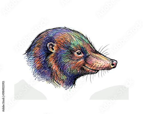 Vibrant, colorful sketch of a mole's head with rainbow-colored fur